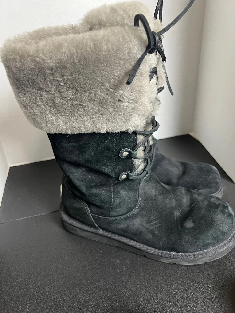 UGG Black Suede Lace-Up Shearling Winter Boots